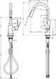 Hansgrohe Spültischmischer mit Ausziehbrause, zwei Strahlarten. Schematische Darstellung mit Abmessungen und Installationselementen für Montage.